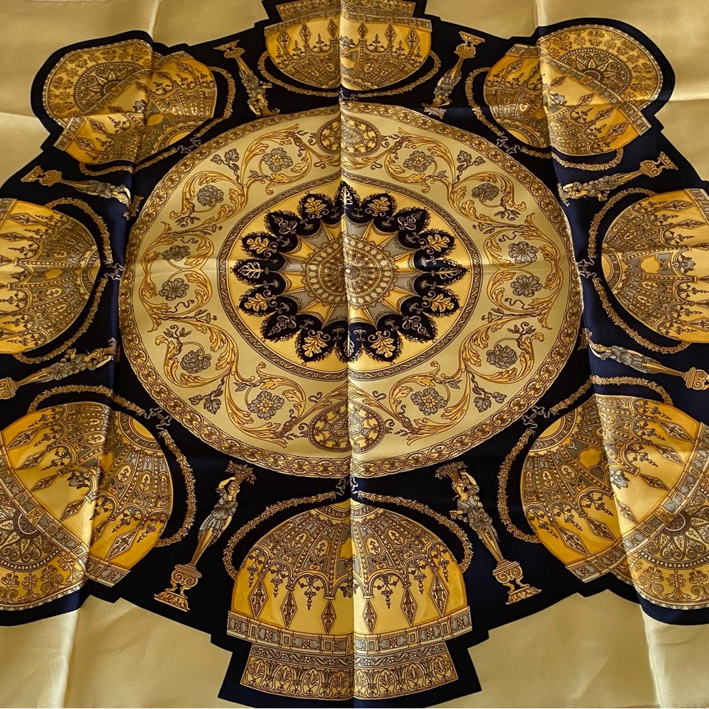Vintage Camargue Italian Silk Scarf - Ornate Gold & Navy Baroque Design